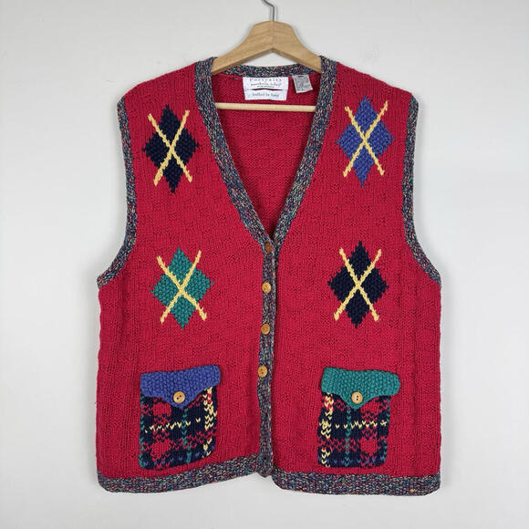 VTG Portraits Northern Isles Hand-Knit Red Wool Sweater Vest M-L Argyle Cottage - Picture 1 of 9